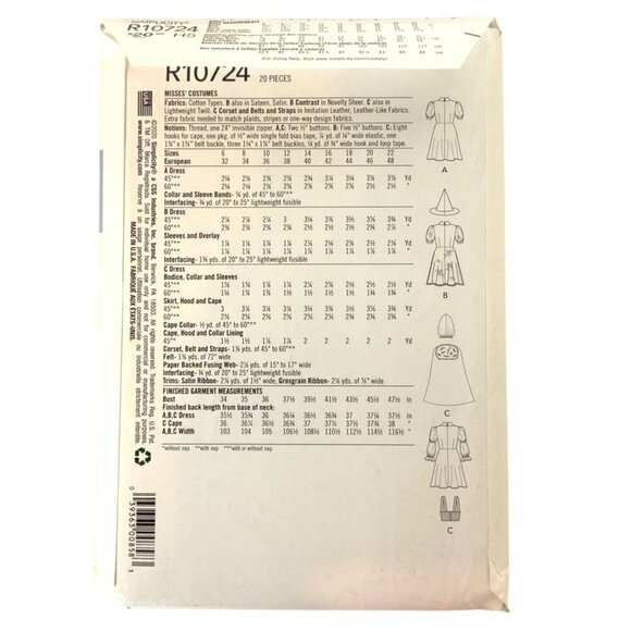 Simplicity R10724 Halloween Costume Sewing Pattern Dress Apron Hat Sizes 6-14 - Picture 2 of 3